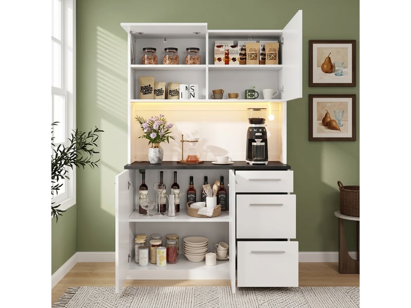 Buffet haut blanc 120x40x180 cm avec étagères, prises usb et bande lumineuse pour salle à manger - Conforama D