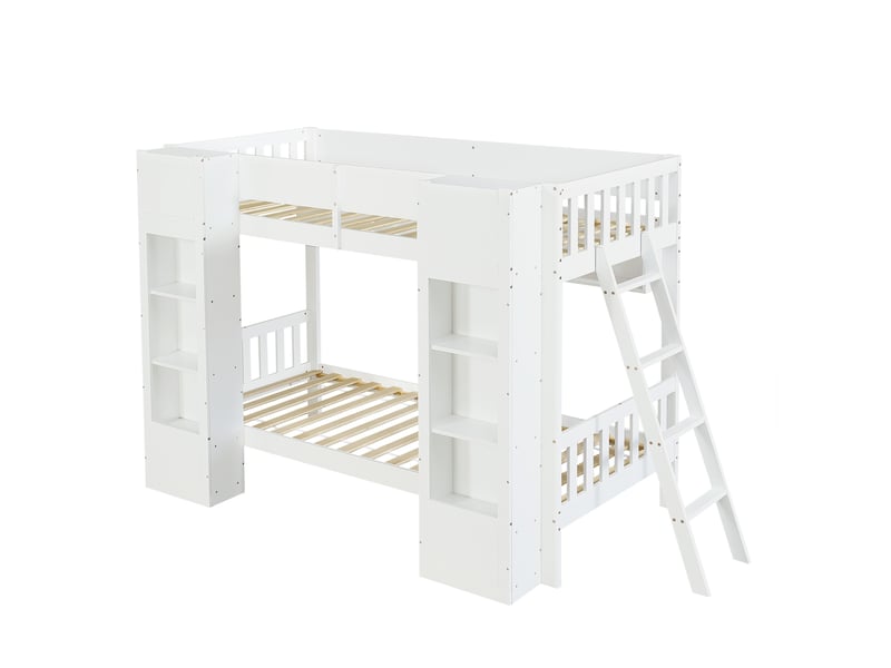  Lit superposé 90x200 cm, avec rangements et échelle réversible, en bois, blanc, sans matelas  - Conforama D