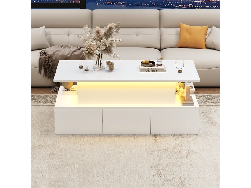  Table basse relevable 100x50x40 cm avec 4 tiroirs et rangement caché, finition brillante, led contrôlable par app, mdf blanc  - Conforama B