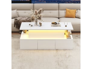 Table basse relevable 100x50x40 cm avec 4 tiroirs et rangement caché, finition brillante, led contrôlable par app, mdf blanc