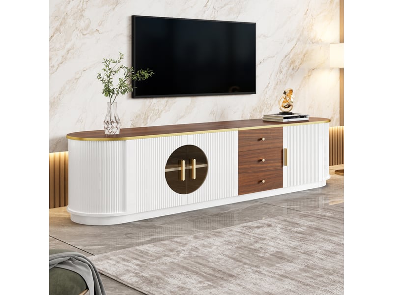  Meuble tv 180x40x46 cm en mdf avec 3 tiroirs et 3 portes blanc chicfurn  - Conforama D