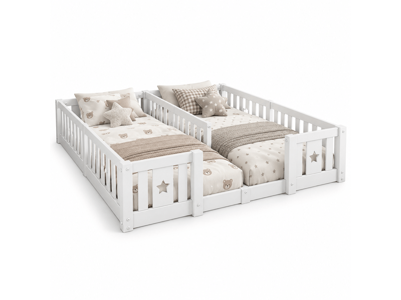  Lit au sol enfant 2x90x200 cm - lit montessori avec sommier à lattes + barrière de sécurité - lit double 2 places - pin massif blanc  - Conforama A