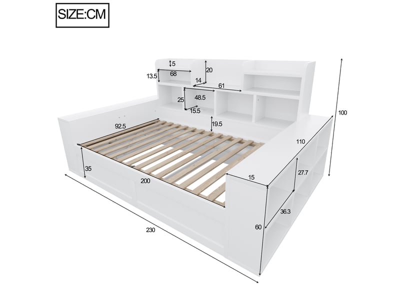 Lit banquette 1 place 90 x 200 cm en bois blanc, coffre hydraulique, rangements intégrés au dossier et aux accoudoirs, prise électrique, éclairage led - Conforama D