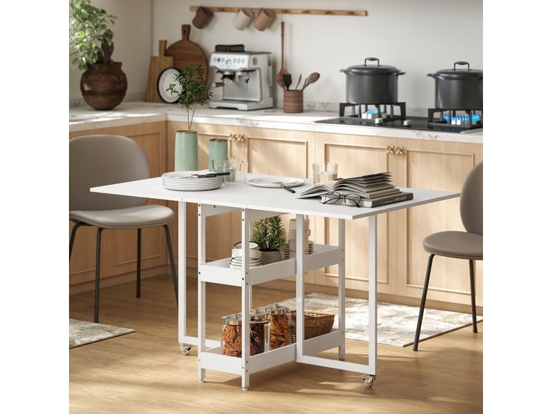 Table à manger pliante 2 à 4 personnes avec 2 niches et roues pour cuisine 133,4×80×75 cm blanc - Conforama B