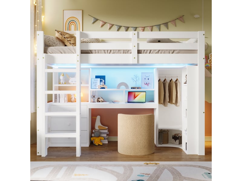  Lit mezzanine enfant 90x200 cm avec led, armoire, bureau, tiroirs et compartiments de rangement, pin, blanc, sans matelas  - Conforama B