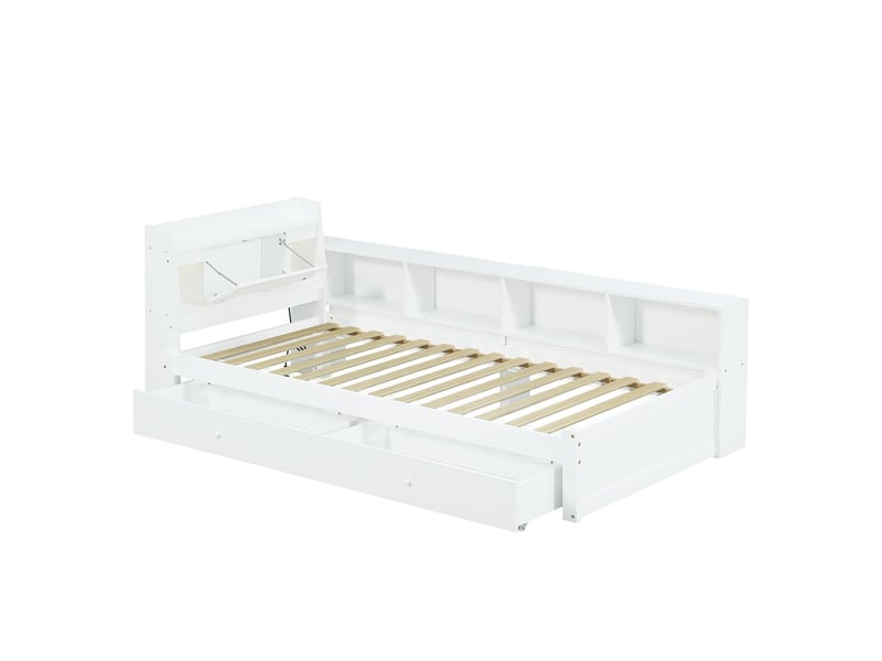  Lit avec tiroirs 90 x 200 cm tête de lit compartiment lit simple 2 lampes prise de charge rangements latéraux tiroirs pin panneau de particules mdf blanc  - Conforama D