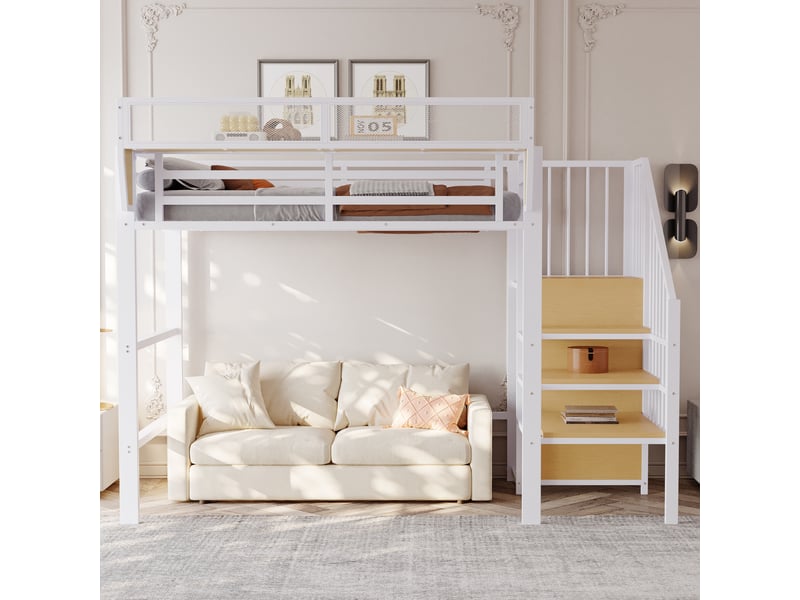  Lit mezzanine 200×90 cm avec étagère amovible, échelle et espace libre de 140 cm, sans matelas, en mdf et métal  - Conforama C