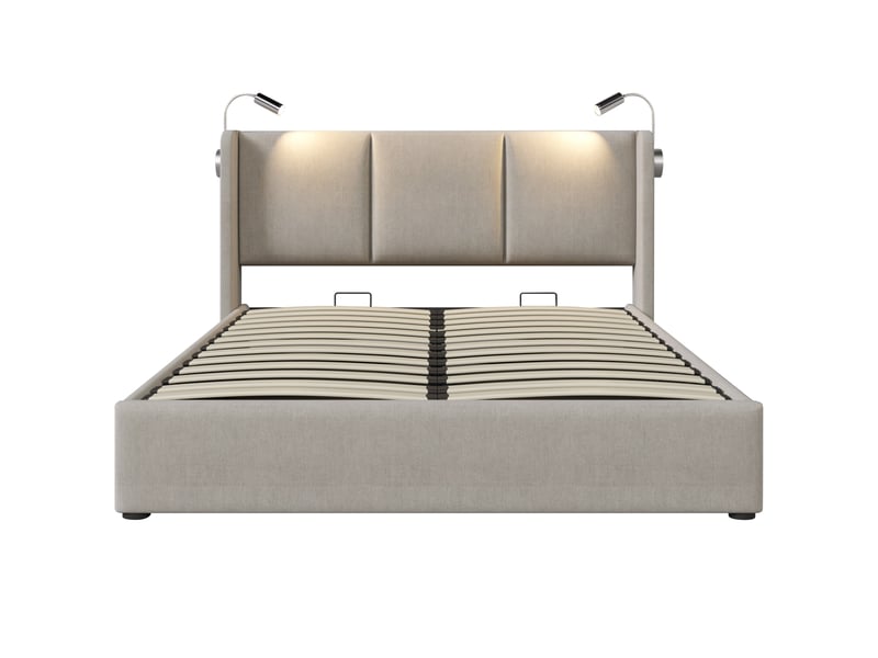 Lit coffre 160x200 cm beige en lin, usb et liseuses intégrées - Conforama D
