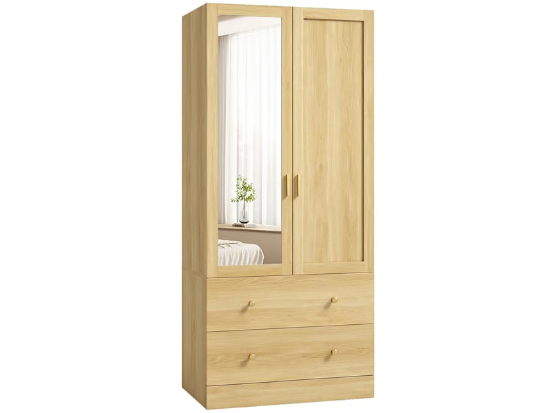  Armoire chambre penderie avec miroir, 2 portes, 2 tiroirs et barre de suspension, 80 x 50 x 180 cm, chêne  - Conforama A