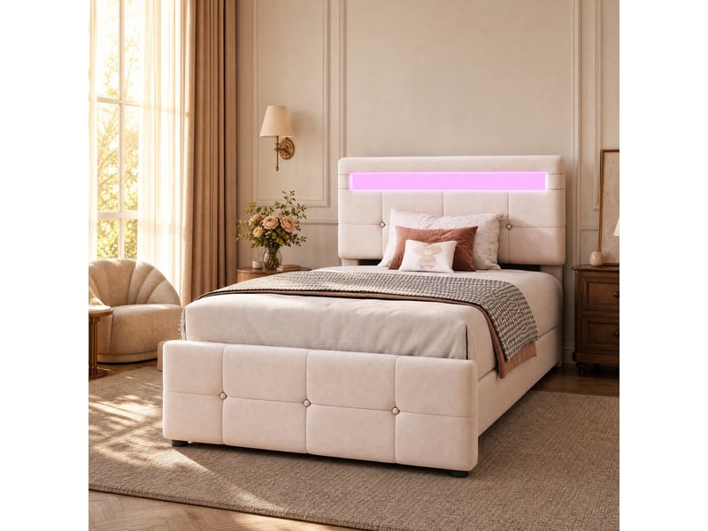  Lit enfant 90x200 cm avec led, rangement hydraulique et tête de lit réglable beige  - Conforama B