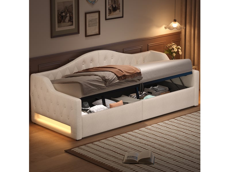  Lit banquette avec rangement et éclairage led, beige  - Conforama D