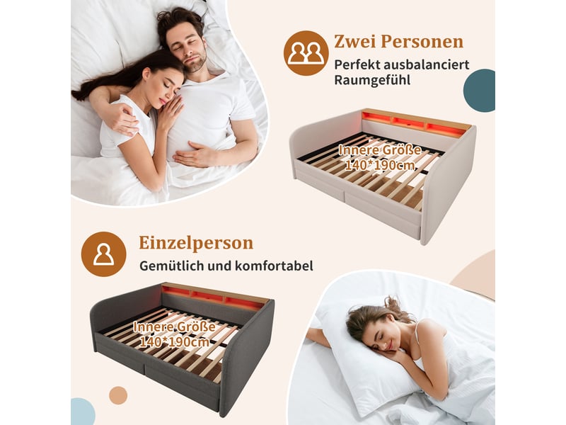  Lit double 140x190 capitonné avec led, tête de lit de rangement et 2 tiroirs, tissu lin beige clair  - Conforama R