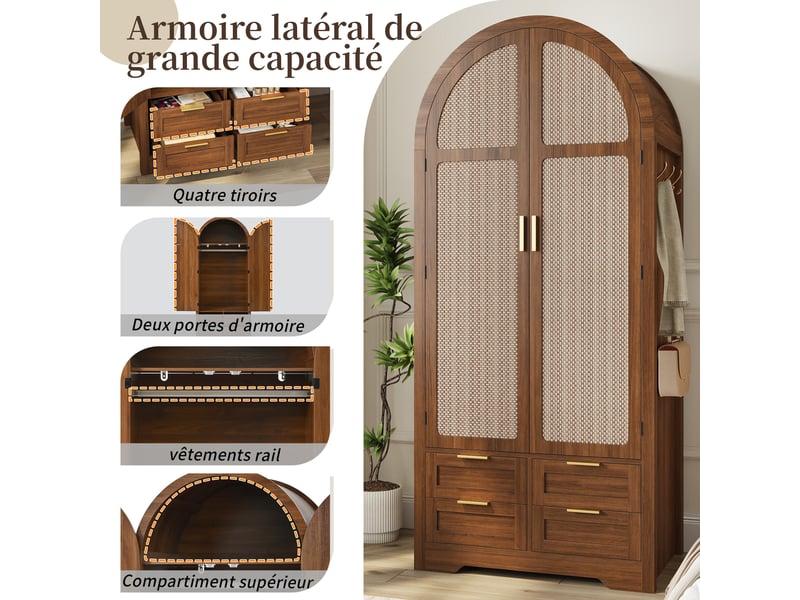 Armoire penderie 80x50x180 cm, 2 portes courbes, tiroirs, cannage en rotin, rangements mdf, noyer - Conforama D