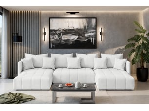 Canapé d'angle panoramique convertible <strong>AX LIVING </strong> <strong>VeliroU</strong> 6 places Velours blanc avec coffre de rangement