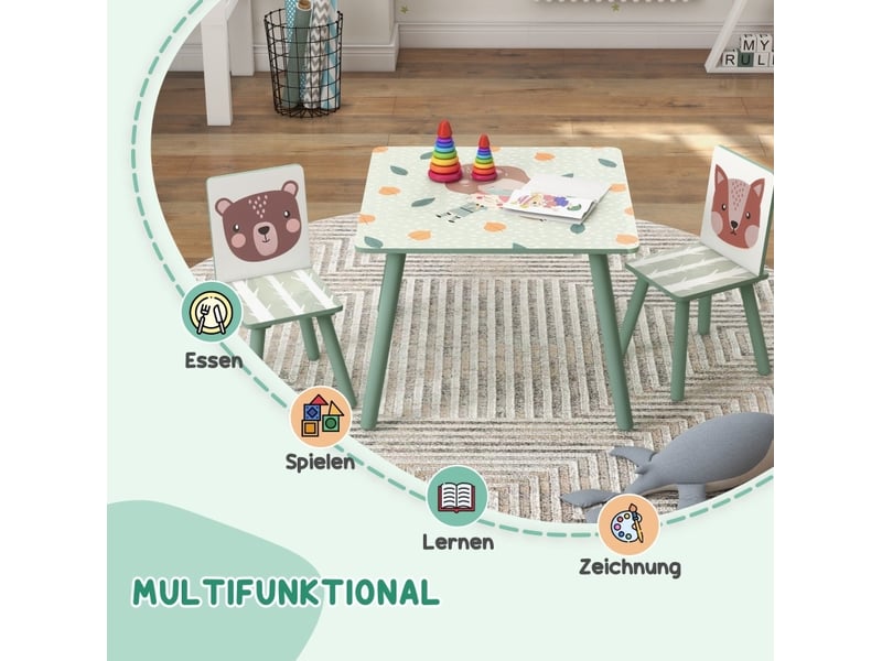  Ensemble table et 2 chaises enfant 60 x 60 cm vert en bois, motifs animaux pour activités 3 à 8 ans  - Conforama E