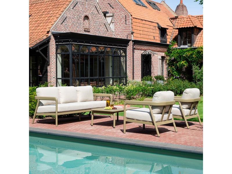 Salon de jardin bas 5p en aluminium kaki clair et tissu beige chiné lindos 601030 - Conforama D