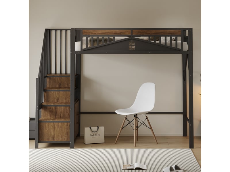  Lit superposé en métal 90 x 200 cm, garde-corps avec fenêtre, échelle sécurité et placard, noir  - Conforama E