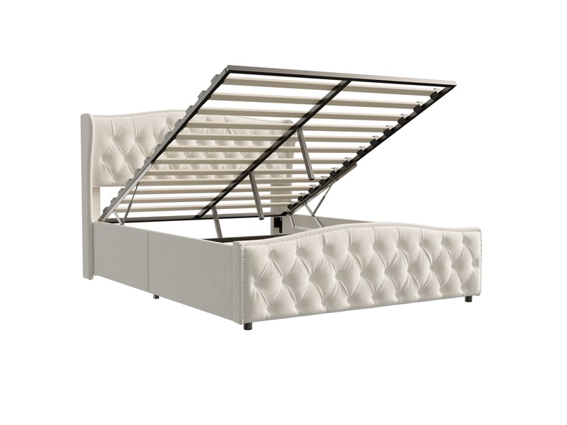  Lit rembourré 140x200 cm avec sommier à lattes relevable, lit coffre hydraulique 2 places avec espace de rangement sous le lit, tête et pied de lit capitonnés en tissu velours doux, cadre de lit double tapissé pour chambre à cou…  - Conforama W