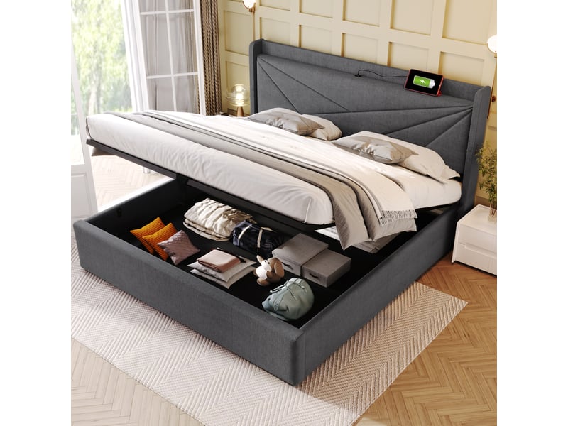  Lit avec rangement en coton lin gris 160 x 200 cm  - Conforama B
