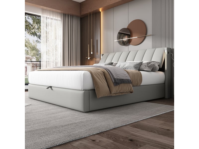  Lit coffre 140x200 cm gris pu - led, rangement hydraulique et tête réglable  - Conforama B