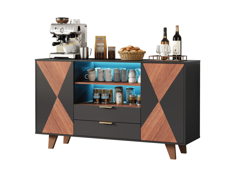 Buffet 4 portes 2 tiroirs en mdf avec éclairage led rgb, 150 x 40 x 90 cm, noir et bois naturel - Conforama A
