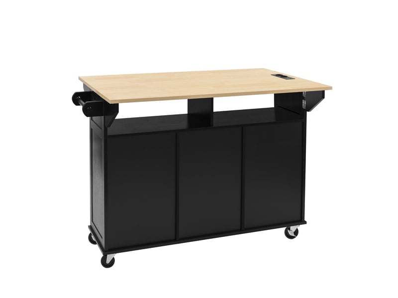  Îlot de cuisine mobile 120 x 40-80 x 92 cm, plateau rabattable, prises, usb-c, rangements, noir et bois Jamama eleni - Conforama R