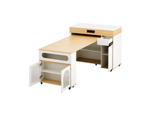 Îlot de cuisine mobile 110,5 cm avec table extensible, prises intégrées, tiroir et verre cannelé, blanc et naturel