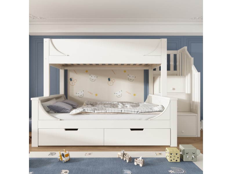 Lit superposé avec rangement design traîneau, lit enfant en bois avec armoire escalier, tiroirs, barrière anti-chute et sommier à lattes - Conforama D