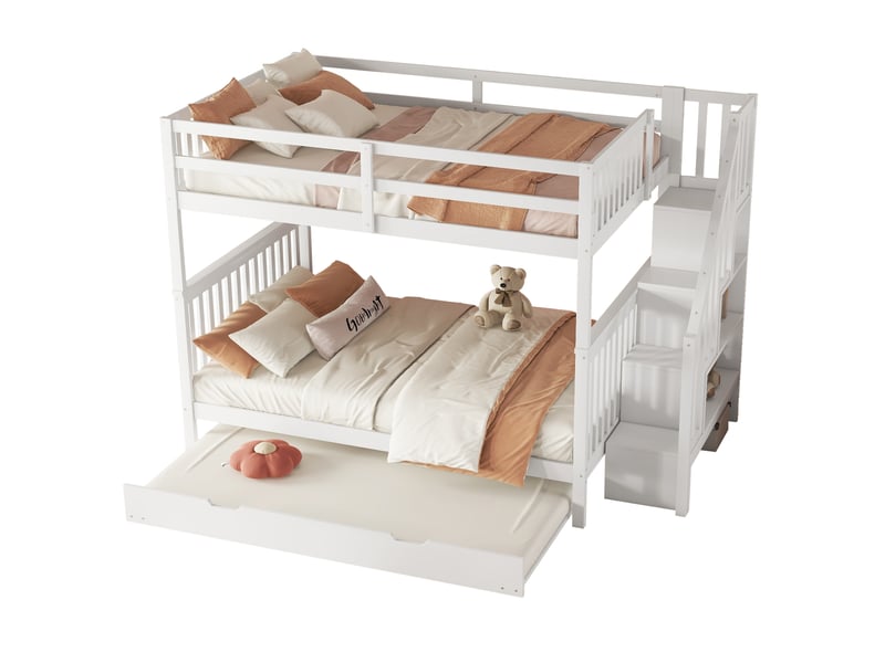  Lit superposé enfant 140x200 cm avec lit gigogne et escalier rangement blanc  - Conforama A