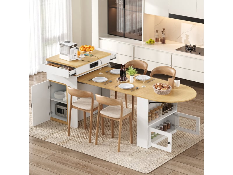 Îlot de cuisine à roulettes avec table extensible, prises, led, tiroirs, blanc Jamama eleni - Conforama E