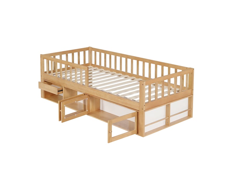  Lit enfant 90x200 capitonné beige - tête de lit en pu design vague cadre en bois massif  - Conforama W