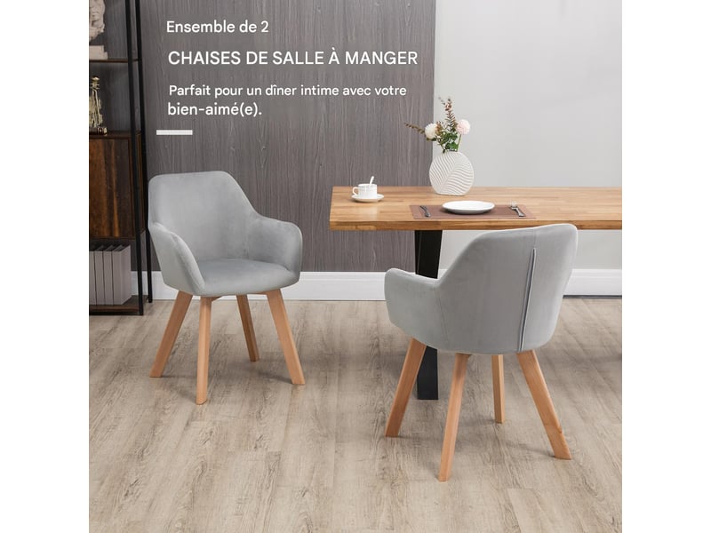  Lot de 2 chaises de salle à manger tissu velours gris et bois 54 x 57 x 80 cm  - Conforama D