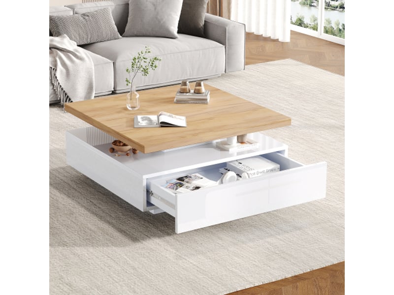  Table basse moderne carrée multifonction 360° pivotante, 2 niveaux blanc brillant avec tiroirs  - Conforama B