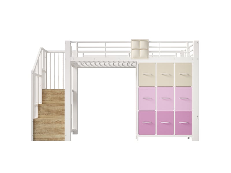  Lit mezzanine 1 place 90 × 200 cm avec tiroirs, tringle à vêtements et escalier de rangement, sans matelas, blanc  - Conforama E