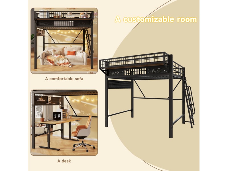  Lit mezzanine 140 × 200 cm 2 places avec rangements latéraux et espace ouvert, sans matelas, en métal noir  - Conforama E