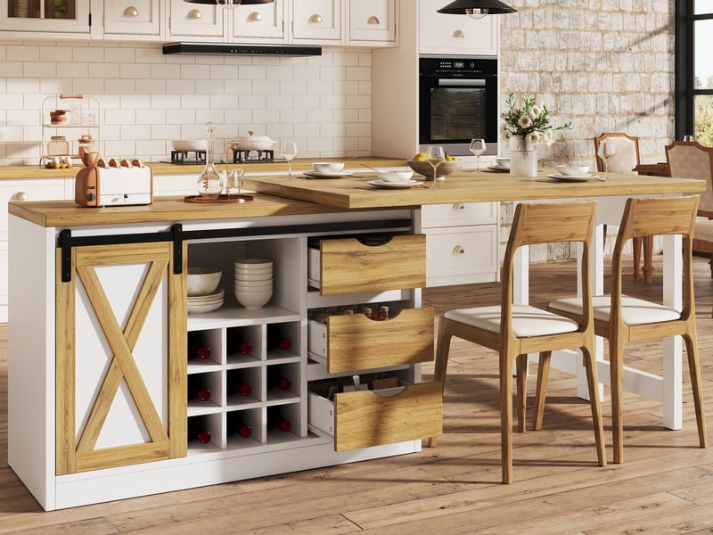 Îlot de cuisine extensible 120-197 x 40 x 72 cm, porte coulissante, 3 tiroirs et porte-bouteilles, blanc, en mdf robuste  - Conforama B