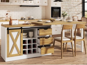 Îlot de cuisine extensible 120-197 x 40 x 72 cm, porte coulissante, 3 tiroirs et porte-bouteilles, blanc, en mdf robuste