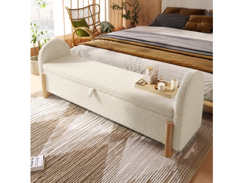  Banc de rangement 146 cm blanc en chenille bouclée, ouverture hydraulique, 150 kg  - Conforama E
