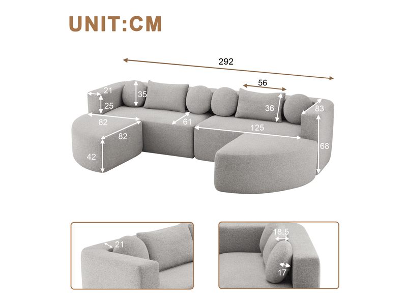  Canapé modulable convertible 4 places en tissu gris, livré compressé sans montage pour le salon  - Conforama C