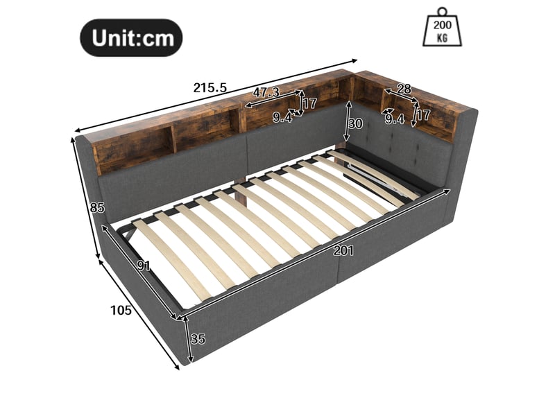  Lit banquette 90x200 cm avec rangement hydraulique, usb et type-c, led multicolore, gris, sans matelas  - Conforama C