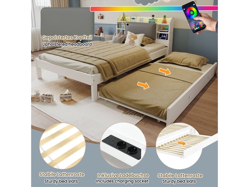  Lit banquette 120x200 cm avec lit gigogne 90x190 cm-led et prise de charge-tête de lit rembourrée avec rangement-blanc  - Conforama E