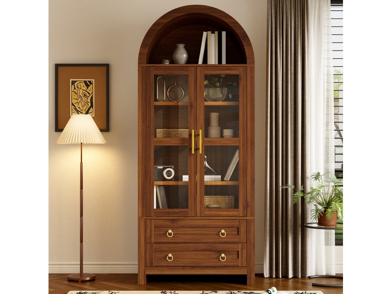  Buffet avec led 76x40x180 cm, 2 portes en verre trempé et 2 tiroirs, design rétro, mdf et panneau de particules, marron  - Conforama B