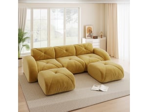 Canapé modulable 3 places en u avec 2 poufs en chenille jaune