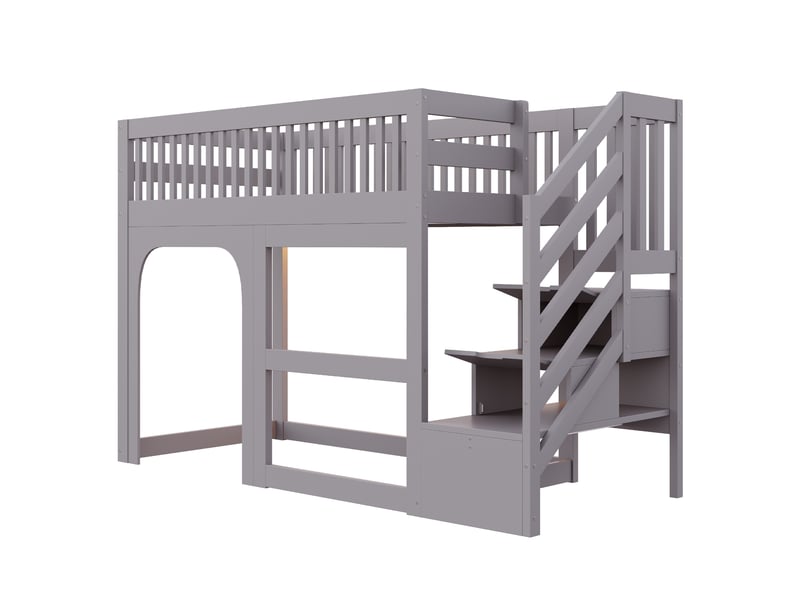  Lit mezzanine enfant 90x200 cm, lit cabane avec portes et fenêtres, escalier de rangement, led, garde-corps et espace de jeu, gris  - Conforama E