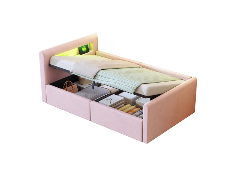  Lit enfant capitonné 90x200 cm en velours rose, led, usb et coffre hydraulique, avec étagère  - Conforama A