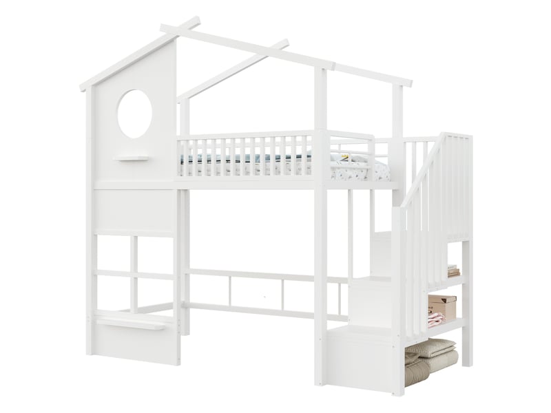 Lit mezzanine 90 × 200 cm avec escalier latéral de rangement ruban led et barrières hautes pour chambre enfant blanc - Conforama A