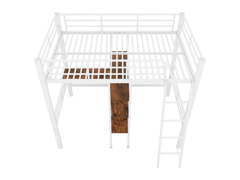 Lit mezzanine blanc 90x200 cm avec bureau, étagères, garde-corps et échelle - Conforama E