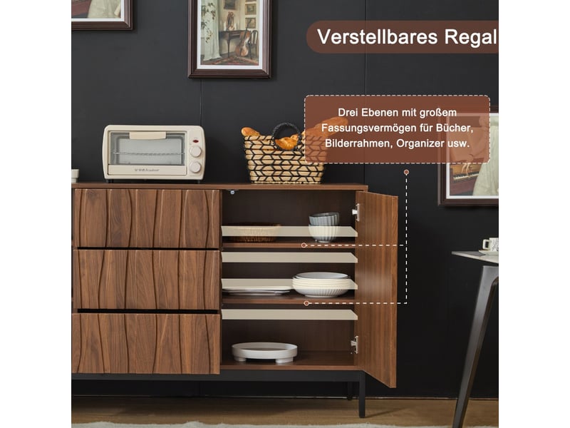  Buffet de cuisine, 3 tiroirs et 2 portes, meuble de rangement pour la cuisine, le salon, 150x40x80cm, marron  - Conforama E
