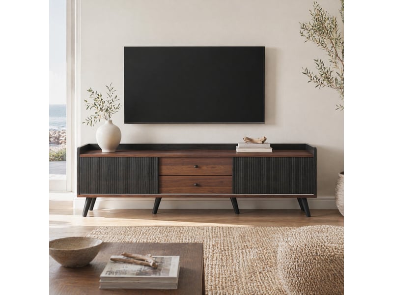  Meuble tv 160 x 40 x 58 cm, 2 portes coulissantes, 2 tiroirs, noir et bois  - Conforama B