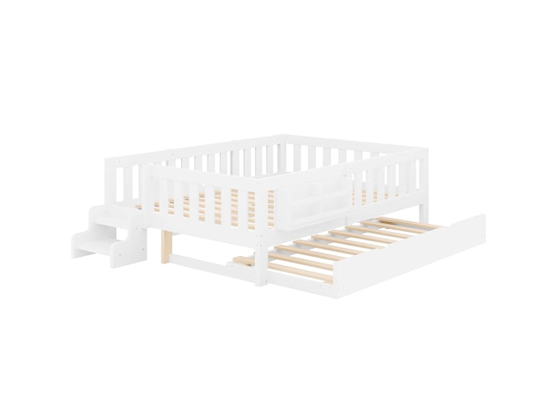  Lit gigogne 140x200 cm, lit avec couchage d’appoint, escalier, rangements intégrés, barrière de sécurité, sommier à lattes, bois massif et mdf blanc CozyNest - Conforama E